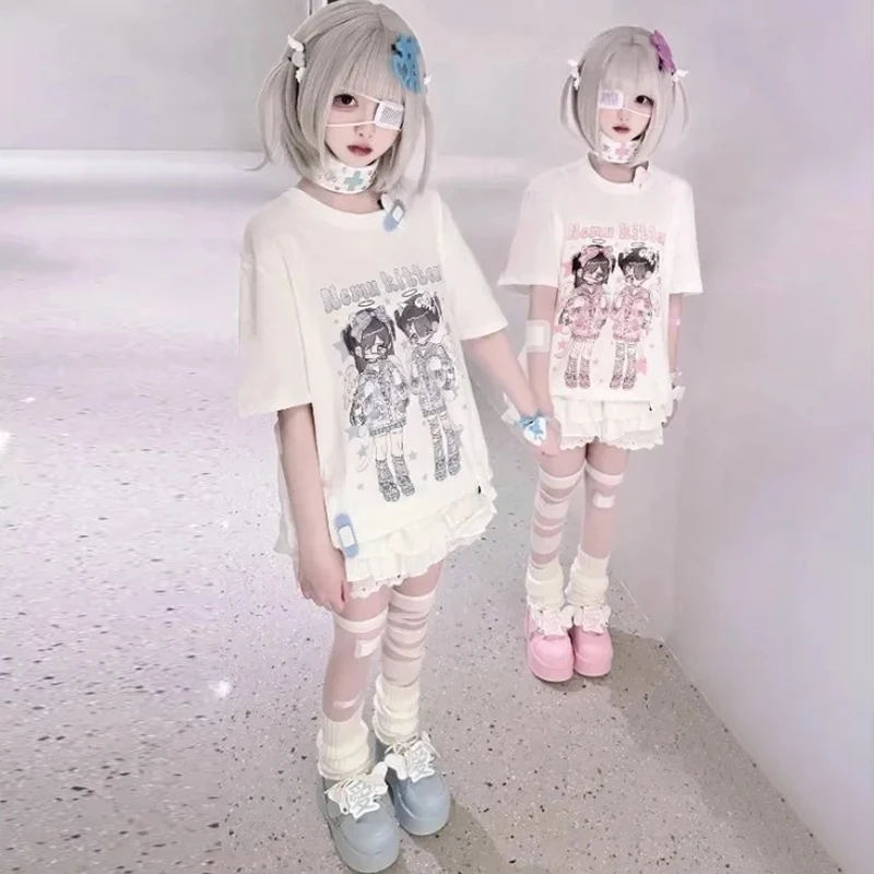 Women clothing T Shirt Japanese Cute Subculture Short Sleeve Y2k Anime Print Tops Summer 2024 Casual Harajuku White Cosplay Tees