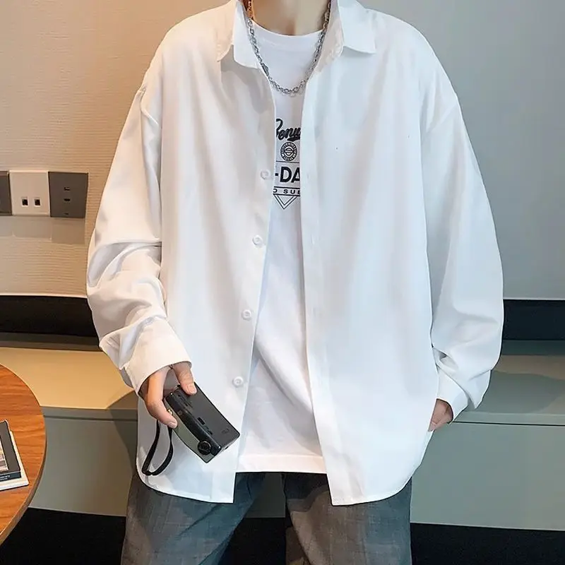 Hong Kong Style Long-sleeved Shirt Men Solid Color Korean Style Trendy Handsome Loose Student White Casual Thin Jacket New Style