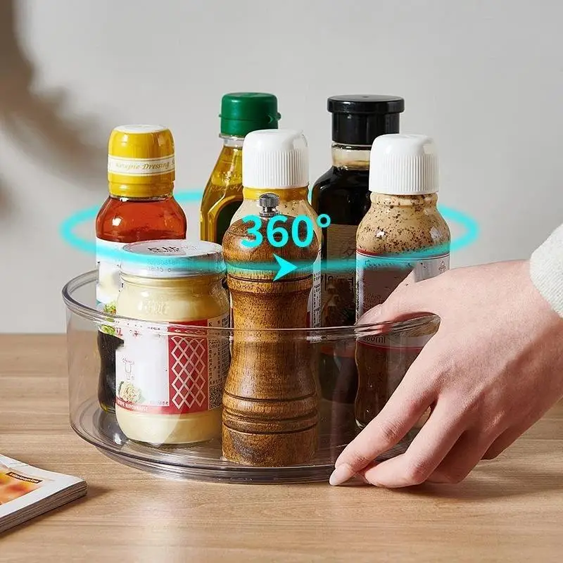 Round Transparent Plastic Turntable Box Multifunctional Kitchen Desktop Food Seasoning Storage Organizer
