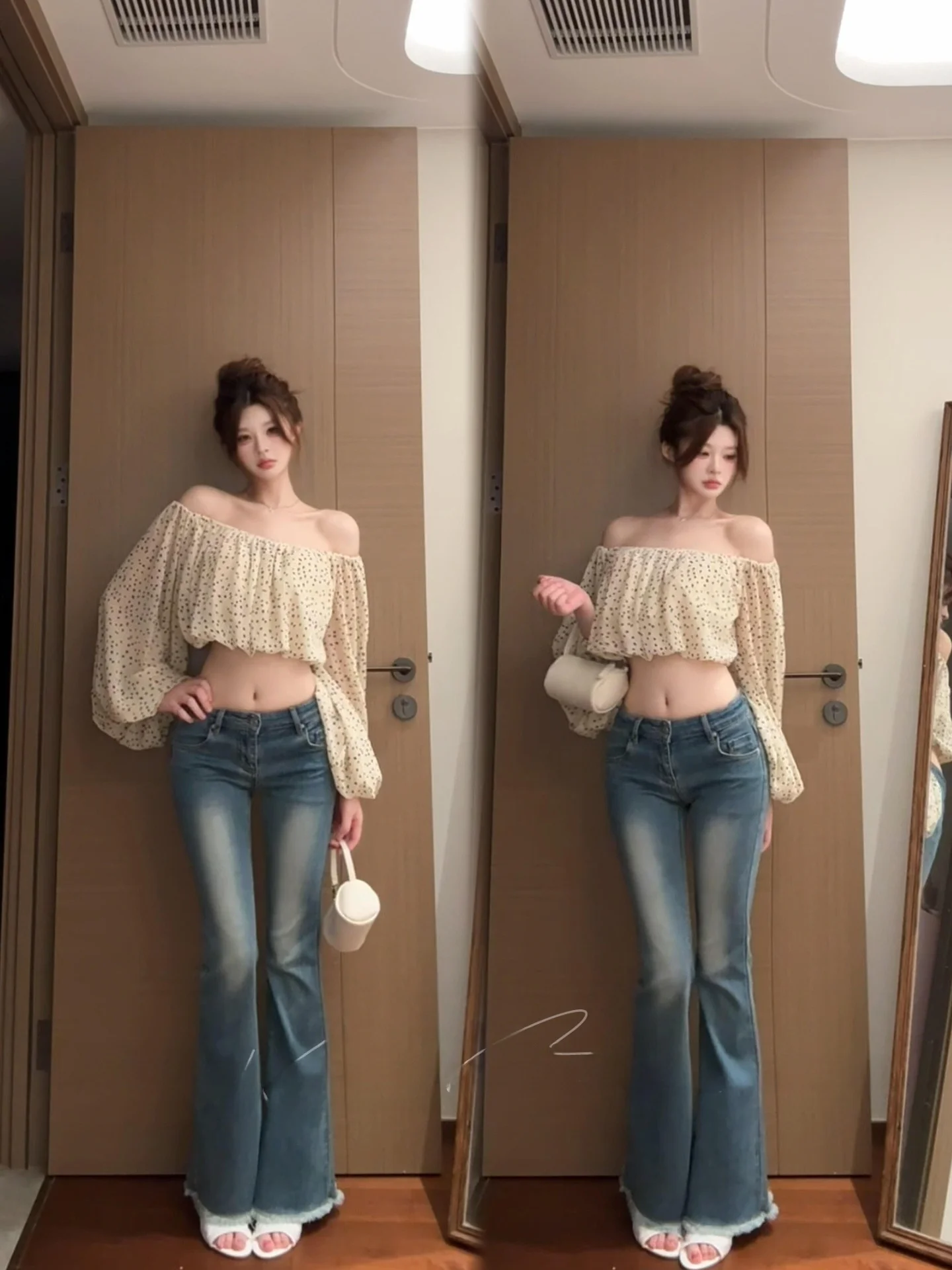 Low Waist Slim Fit Bell Bottom Jeans Korean Style Seamless Frayed Design Hip Enhancing Vintage High Elasticity Ladies Jeans