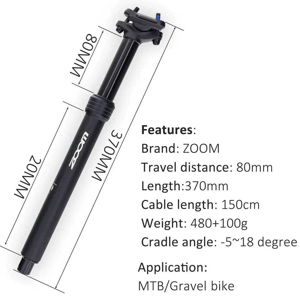 ZOOM Bicycle Dropper Remote Control Telescopic Seatpost 27.2/30.9/31.6mm MTB/Gravel Bike Suspension Seat Post Internal Wiring