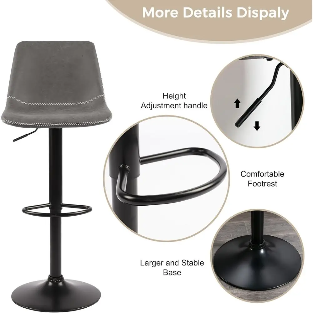 Graue 360-Grad-drehbare Barhocker mit Thekenhöhe, 2er-Set