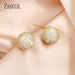 ZAKOL New Trendy Iced Out AAA Zirconia Ball Stud Earring for Women Shiny Micro Inlay Zircon Jewelry Gift