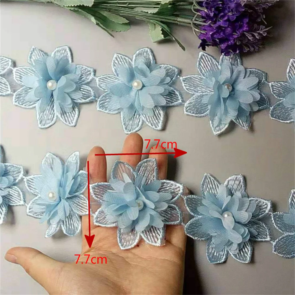 10X Cielo blu solubile fiore rosa perla chiffon ricamato pizzo nastro tessuto cucito artigianale patchwork decorazione fatta a mano