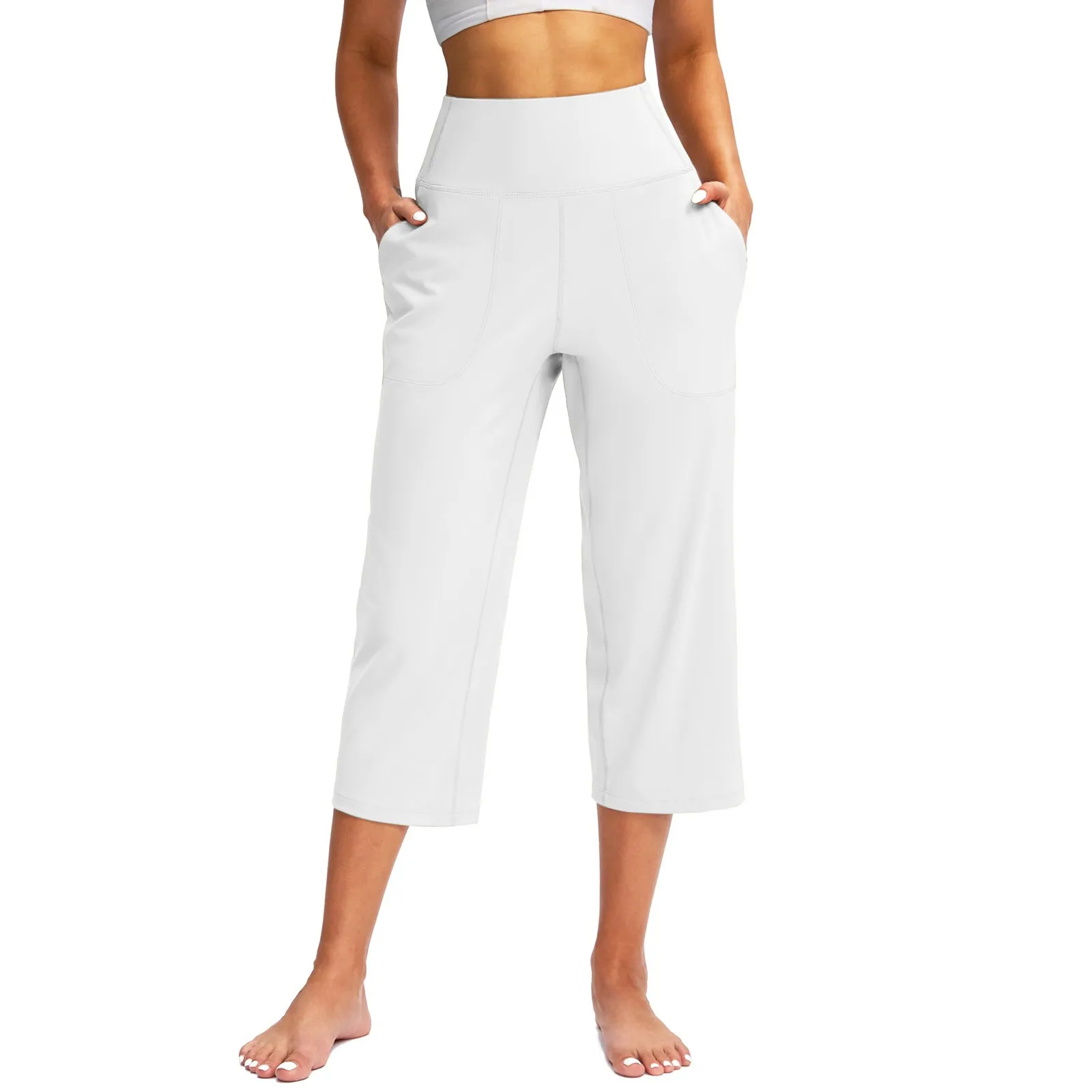 Women Elastic High Waist 3/4 Pant Casual Active Fit Wide Capris Leg Pants Trousers With Pockets Pants for Women Women’s Pants