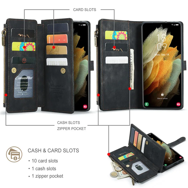 Flip Leather Wallet Card Case For Samsung Galaxy S23 S22 Ultra S21 S20 FE S10 S9 Note 20 10 Plus Zipper Purse Card Phone Cover