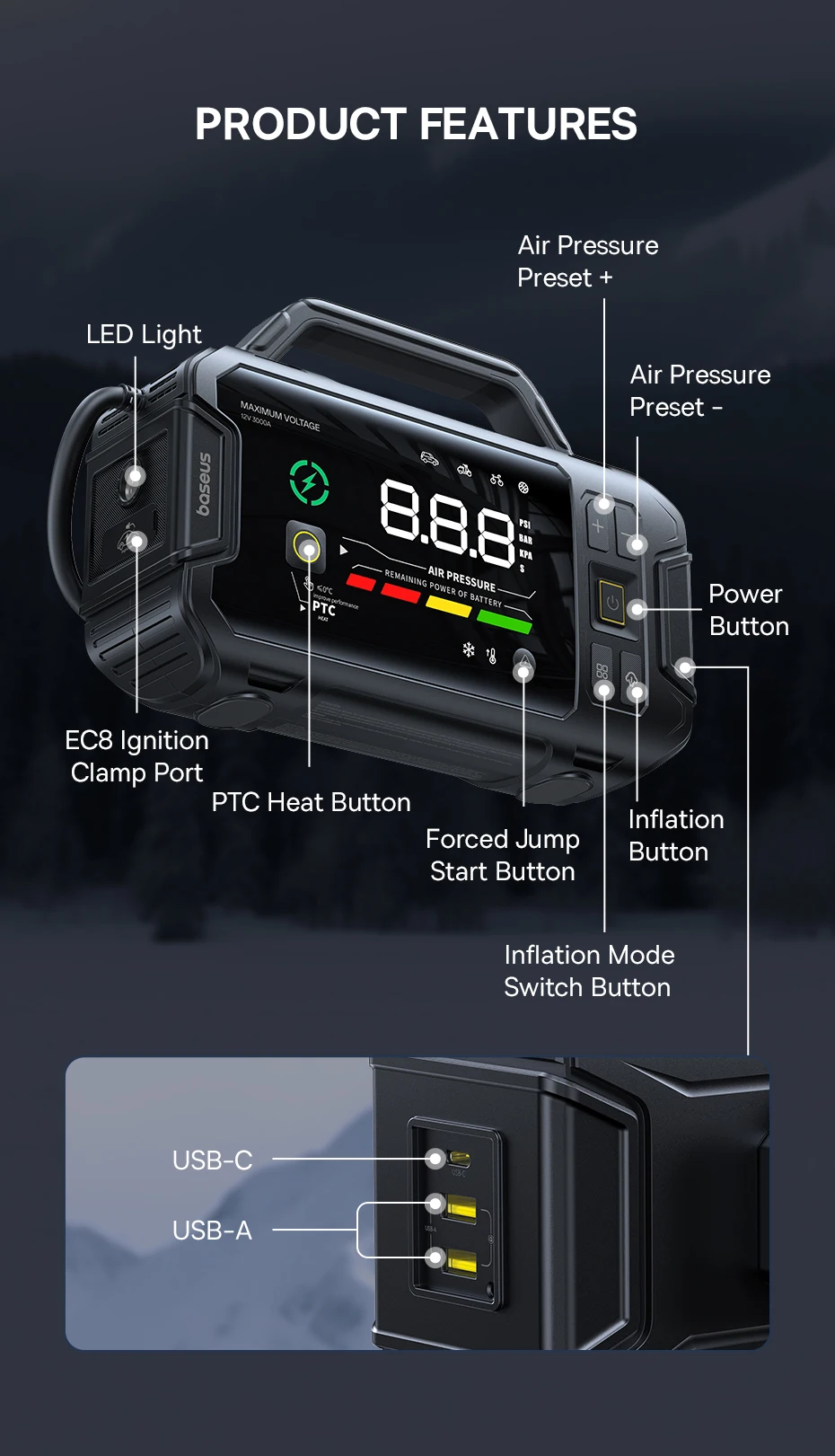 Baseus VJ1 3000A Starthilfe 4-in-1 150PSI Luftkompressor Powerbank 21600mAh Auto-Batterie Notfall-Booster Tragbares Startgerät – Detail 11