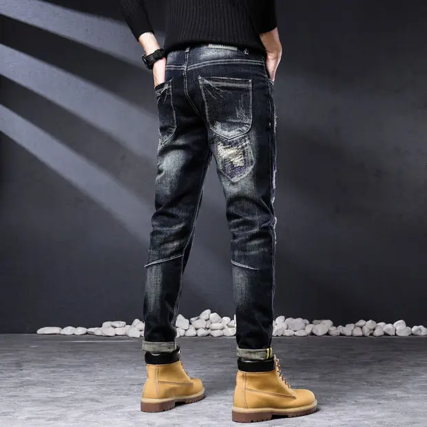 High-quality retro ripped jeans men's tide brand personality scratched patch elastic slim straight pants men's 2022 models jeans