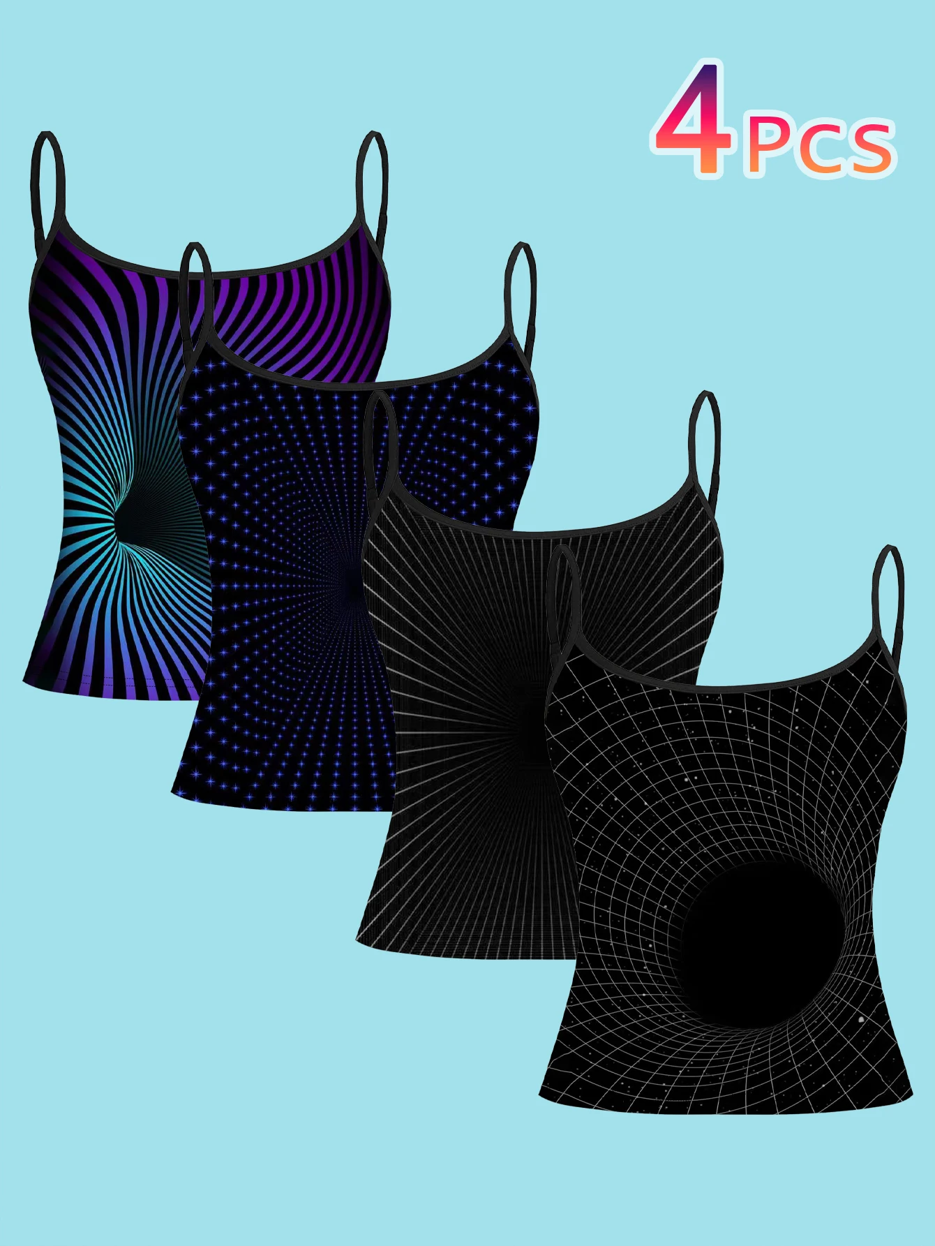 4-Piece Set of 3D Visual Black Hole Grid Dizzy Print Camisoles, Space Optical Illusion Spiral Starry Sky Women's Slim-Fit Spaghetti Strap Sleeveless Tops for Outerwear or Layering