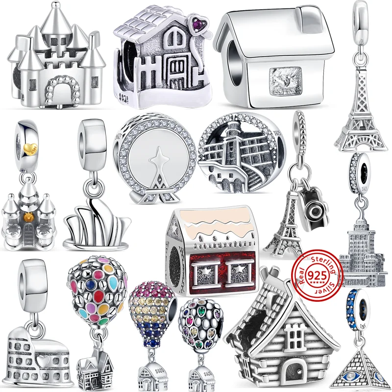 925 Sterling Silver Castle Iron Tower Balloon House Pyramid Pendant Fine Beads Fit Original Pandora Charm Bracelet Women Jewelry