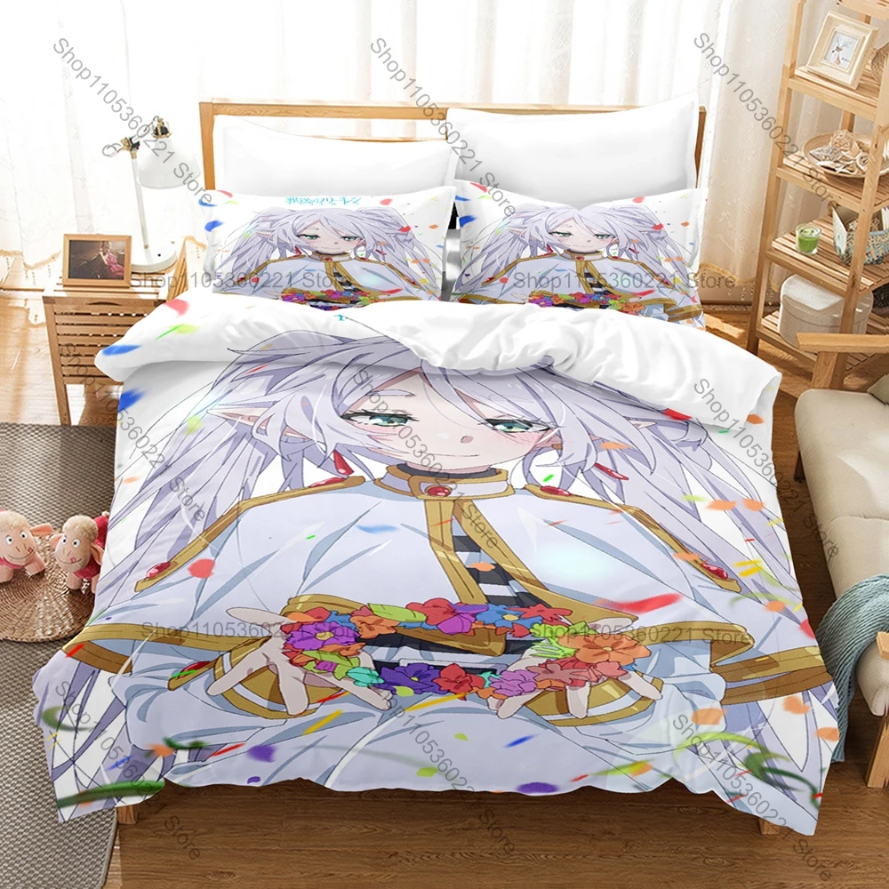 Frieren Beyond Journey’s End Silver Elf Mage Mountain Sunset Magic Scenery HD Print Bedding Set Duvet Cover 2 Pillowcases Anime