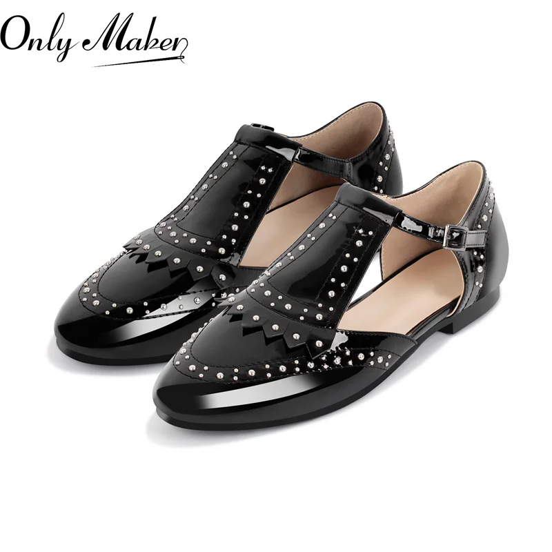 Onlymake donna punta tonda in pelle verniciata Hollow Black Strap Rivet Flats Mary Jane Retro elegante scarpe quotidiane di grandi dimensioni