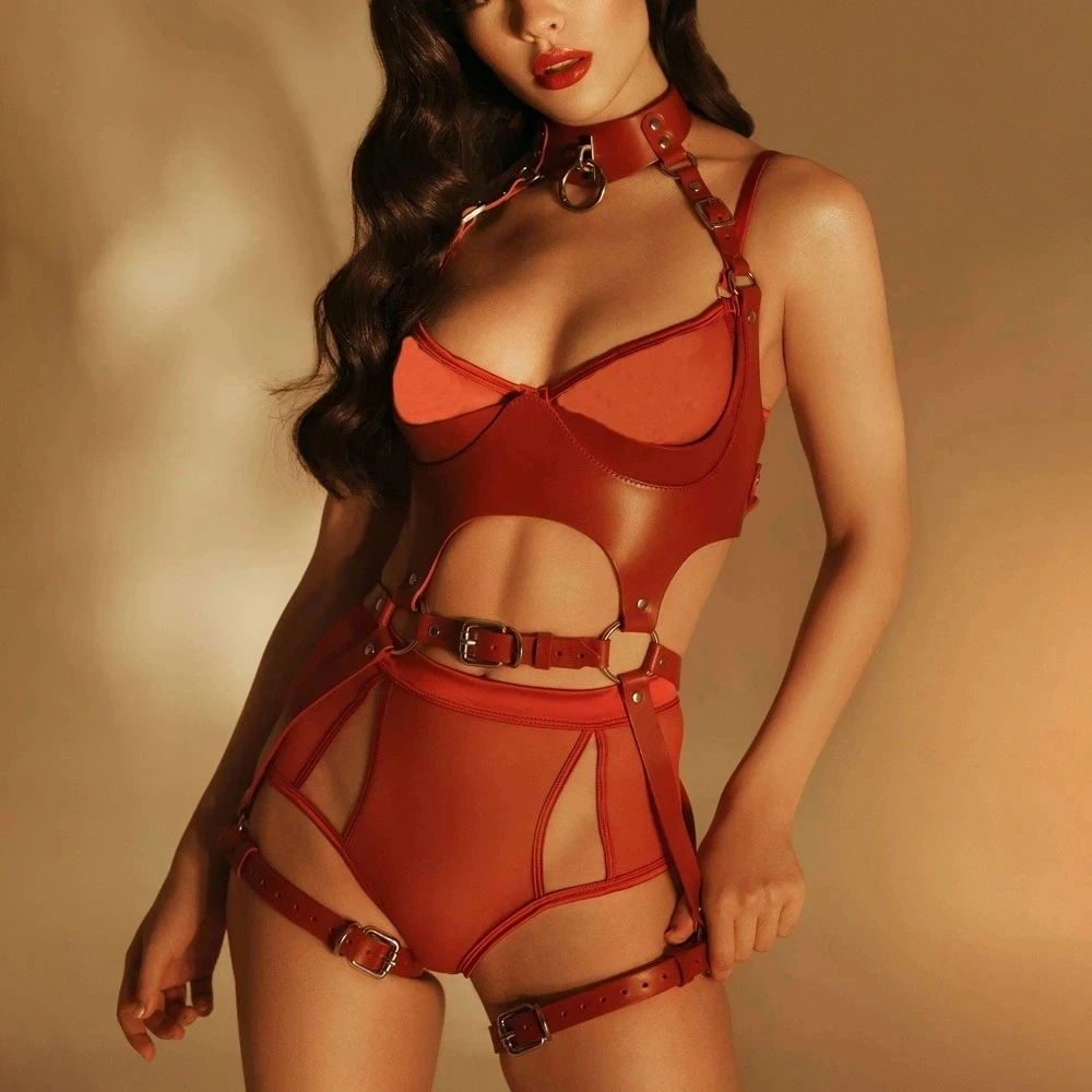 Women Fashion Harness Waist Belt Set PU Leather Harness Waist Belt Body Harness Leg Garter Belt Goth Clothing Accessory