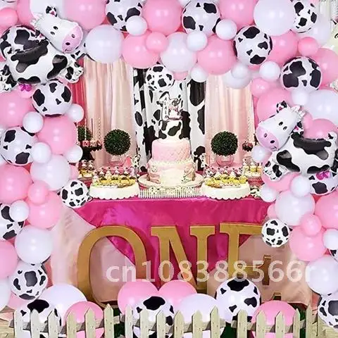 

Birthday Party Decor Kit for Girl with Farm Animal Balloon Garland Arch, Cow Walking Balloons, Pink Latex Globos - 1st Baby Sho