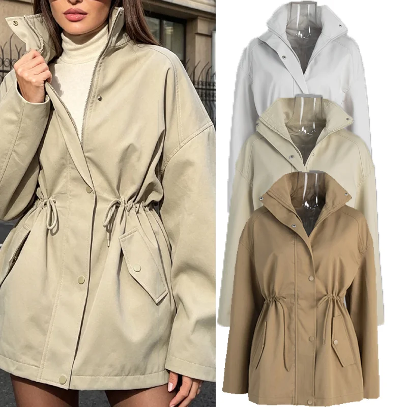 Women's Lapel Drawstring Waist Trench Coat Loose Long Sleeve Solid Jacket Pockets Daily Casual Outwear 2026 Autumn Lady Jackets