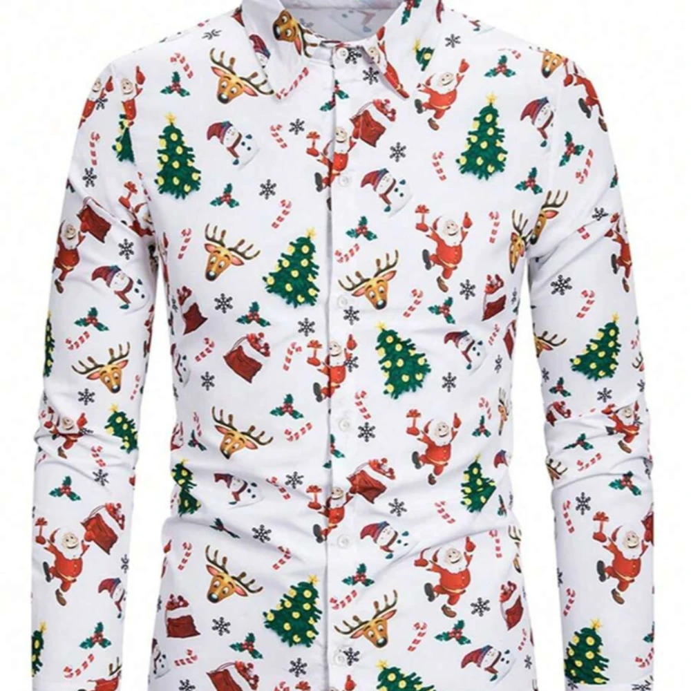 Camisa blanca con botones para hombre, camisa elegante con estampado navideño, Top de moda, regalo de vacaciones de Navidad