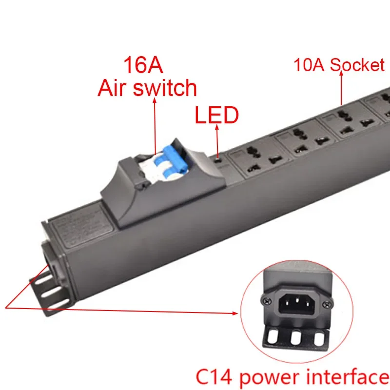 C14 interface PDU Power Strip 16A Circuit breaker Universal Outlets Socket Indicator Light For Cabinet Rack Mount