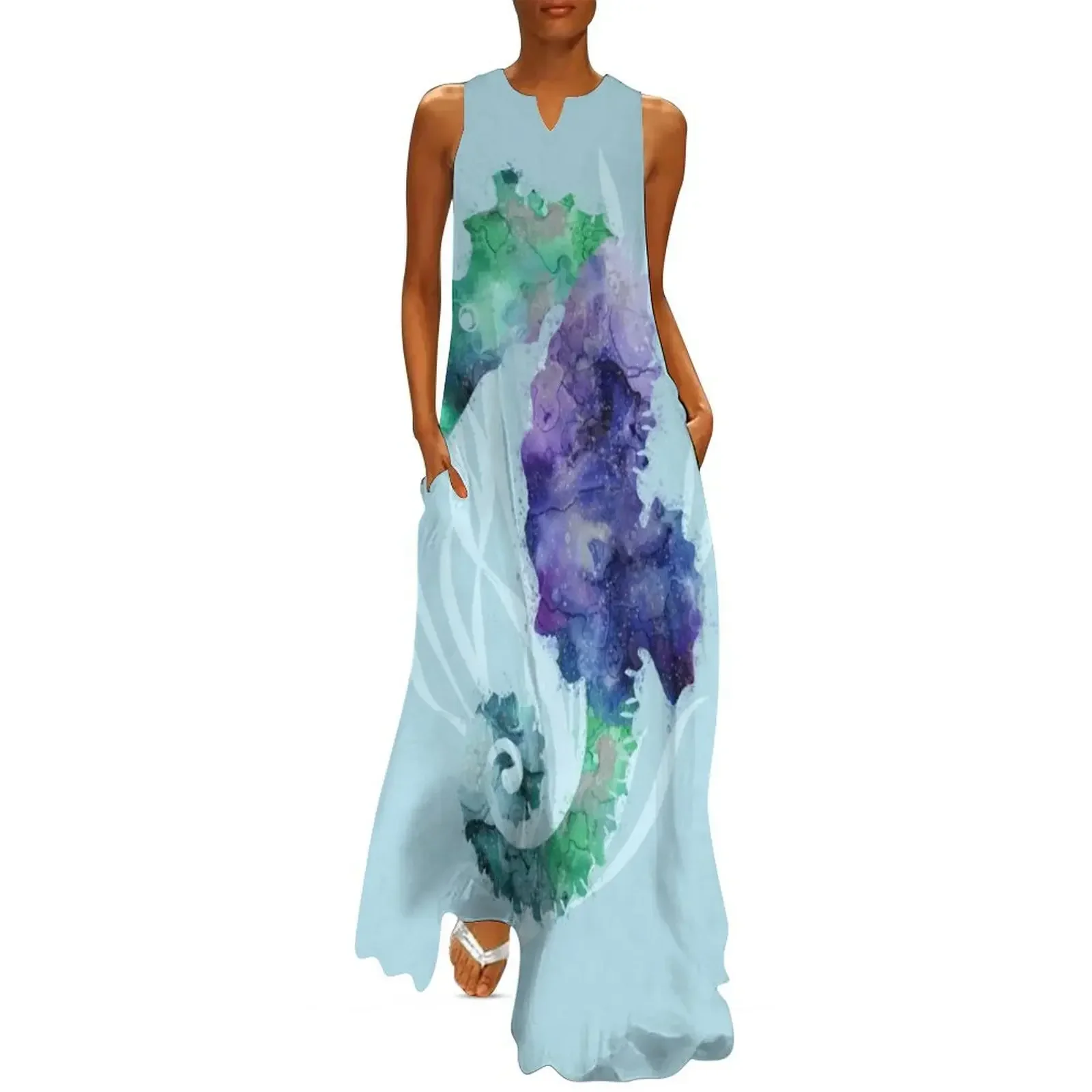 

Mystical Seahorse Watercolor Nautical Coastal Art Long Dress Dress vintage Dresses Dress