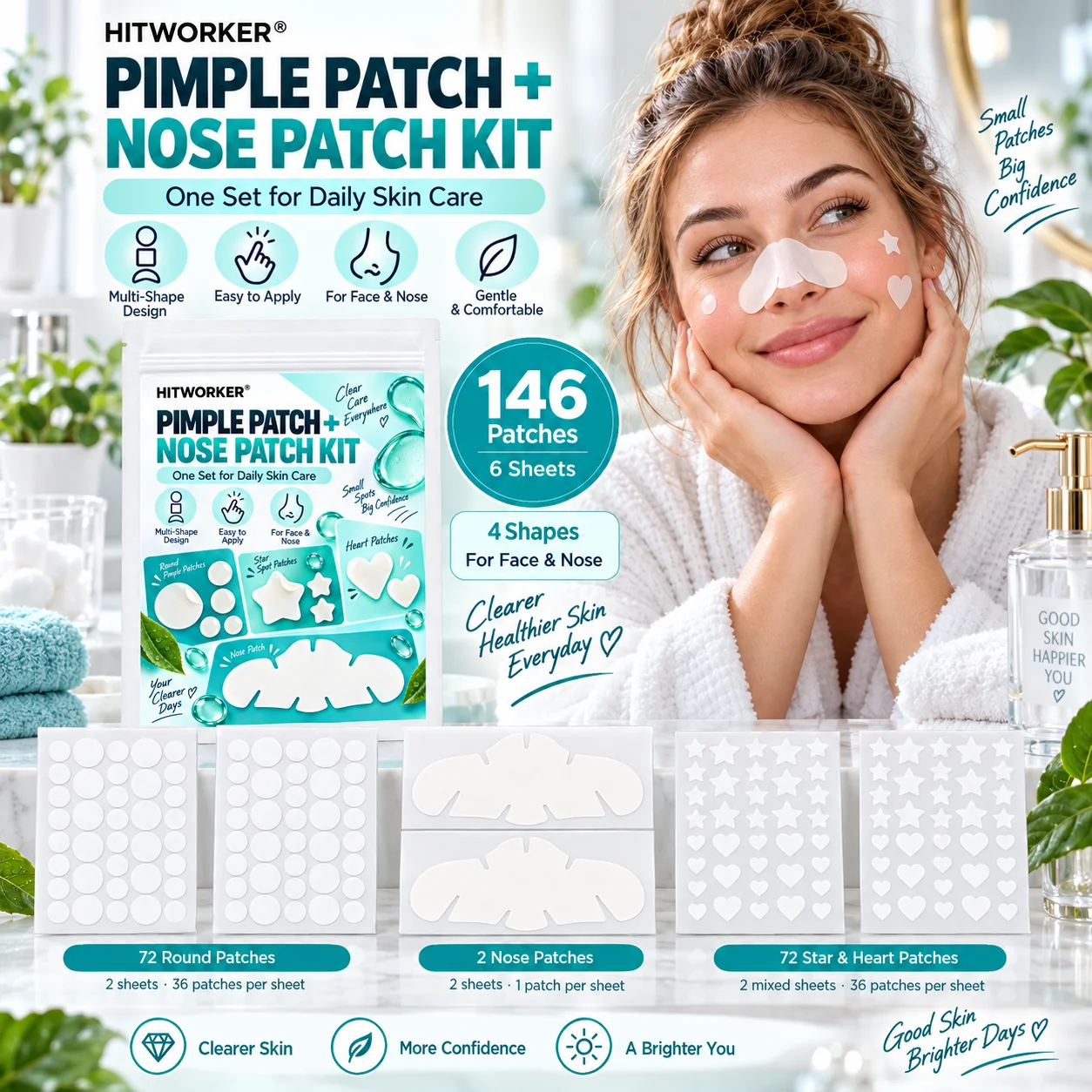146PCS Hydrocolloid Pimple Patches Nose Patch Kit, Star Heart Round Face Patches, Multi Shape Daily Skin Care Set