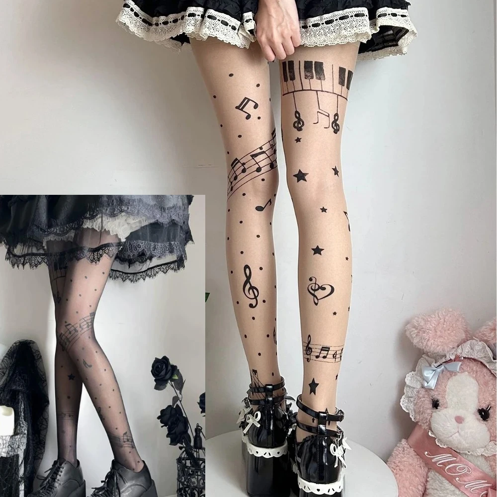 Musical Note Women Stocking Symbol Print Lolita Tights Hosiery Sweet High Y2K Women Stocking Tights Club Party Pantyhose 1/2pc
