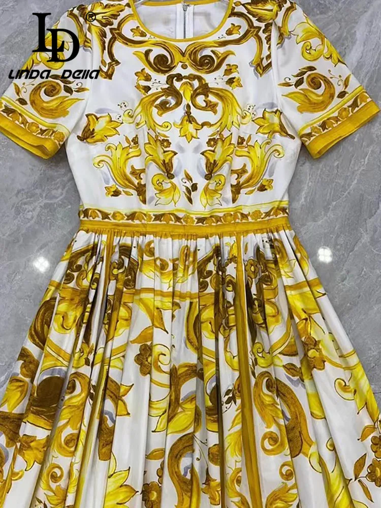 LD LINDA DELLA 2024 Summer Luxury Dress Women\'s High Quality Cotton Bohemian Print Ruched Big Swing Medium Length Dresses