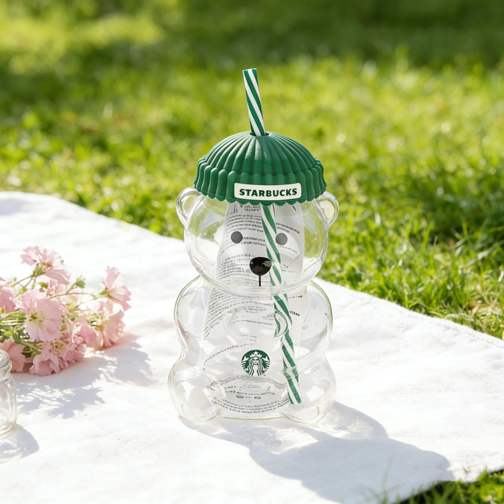 

Стакан Starbucks Bearista Bear Green Hat Glass Tumbler 591 мл с соломинкой для холодного кофе, подарок для дома