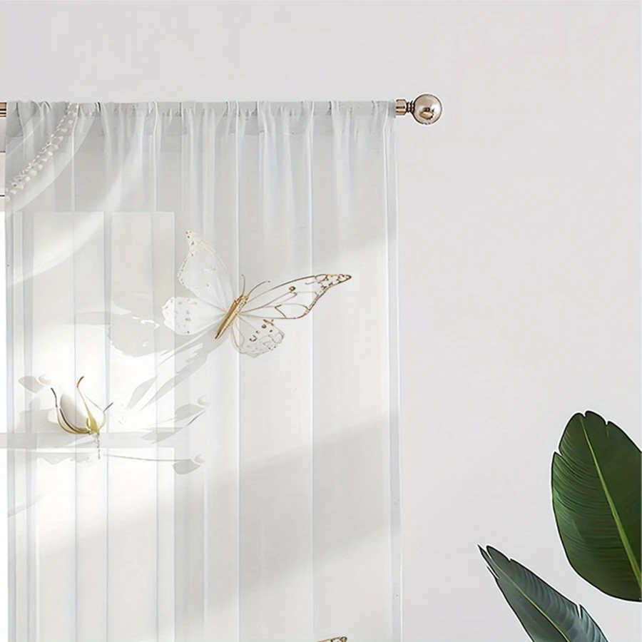 2PCS Digital Printing Sheer Curtain, White Roses Golden Butterflies Pattern, Romantic Luxury Wedding Bridal Bedroom Decor - view 5