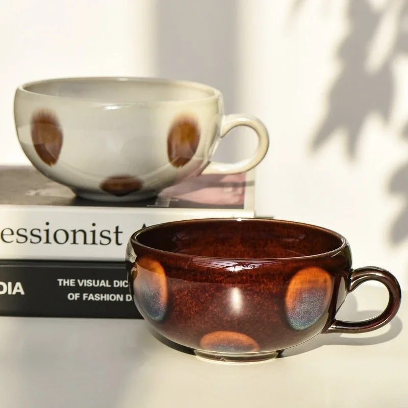 Rustic Japanese Retro Wide Mouth Coffee Mug , Handmade Kiln Change Glaze Ceramic Breakfast Cup for Milk Cereal, Safe Unique Gift