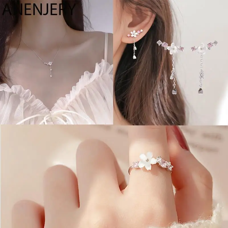 ANENJERY Silver Color Zircon Flower Tassel Necklace Earring Ring Set For Women Sweet Temperament Hot Selling Jewelry