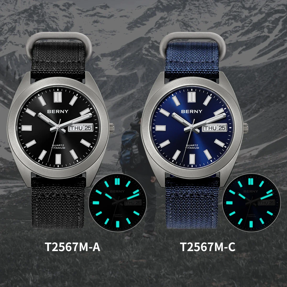BERNY Titanium Men Watch Supper Luminous Sport Field Quartz Wristwatch Super Luminous Sapphire 100m Waterproof SNXS75 Watches