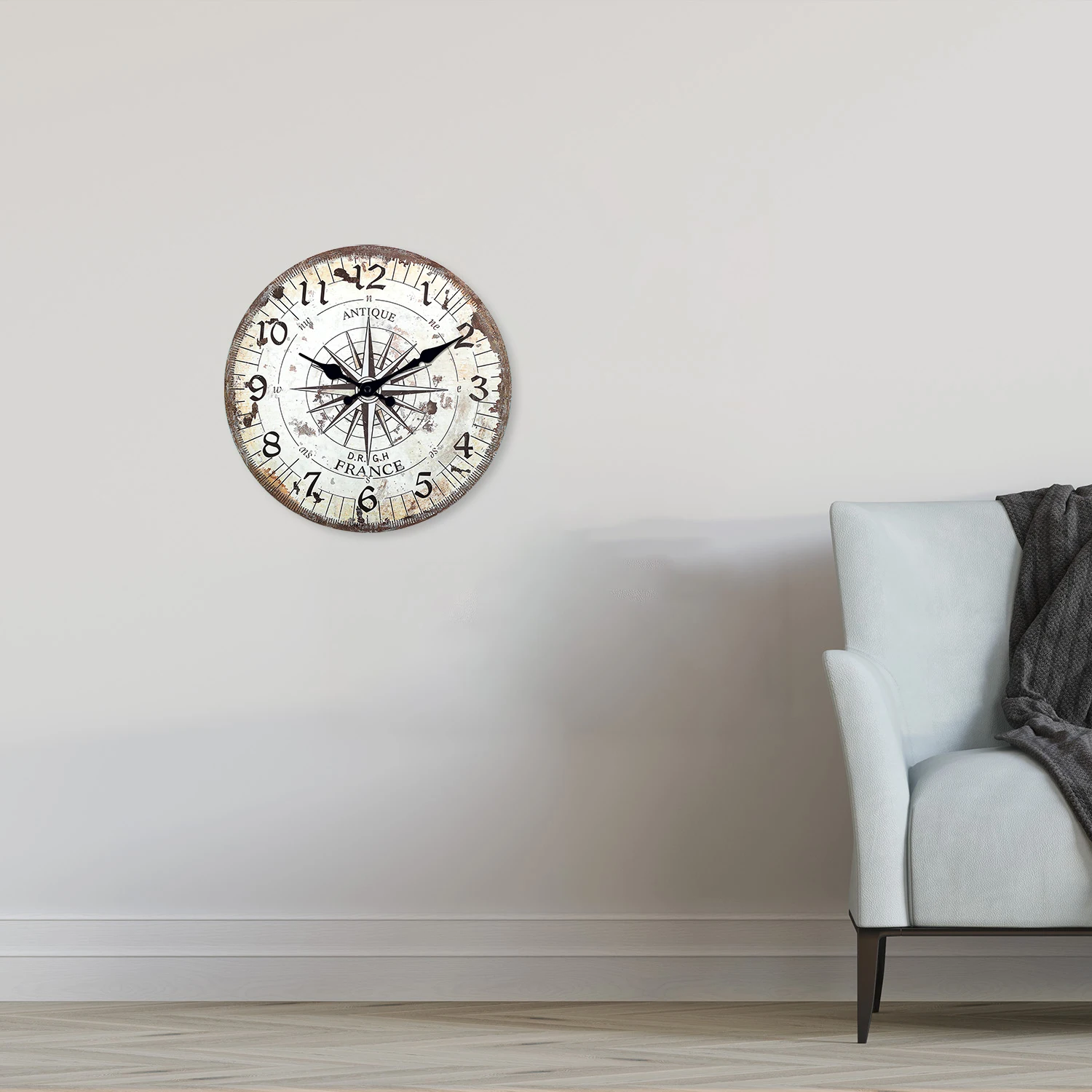 Vintage American-Style Compass Pattern Wooden Wall Clock for Living Room, Bedroom, Kitchen, Home Decoration, Silent Quartz Clock, Holiday Gift, 10 Inches, 12 Inches (No Battery)