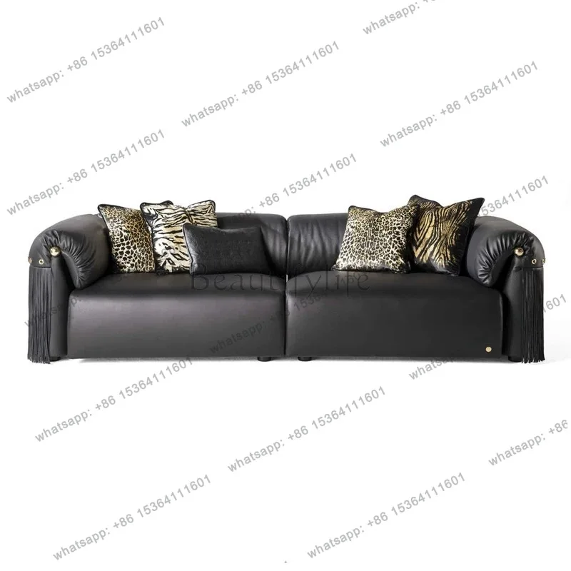 

Italian light luxury leather sofa villa large flat fringed sofa