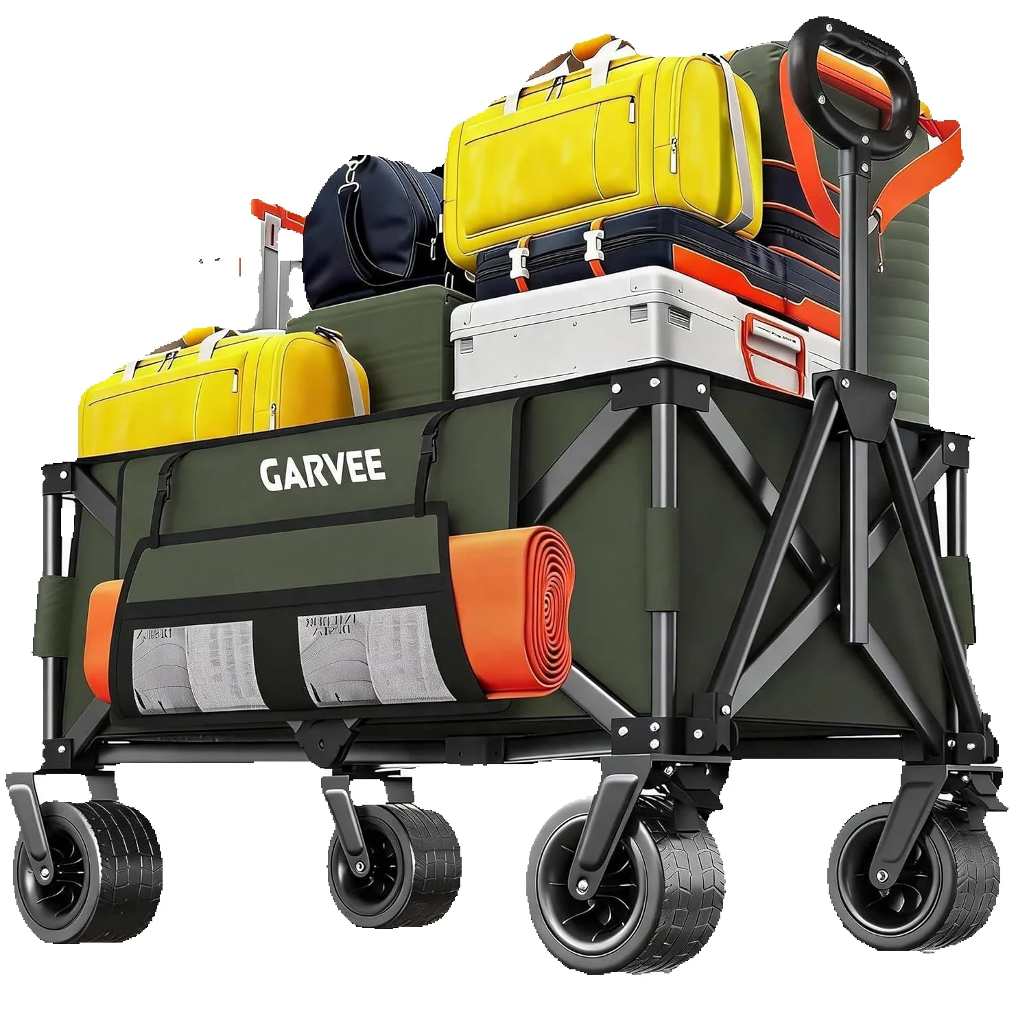 Bollerwagen Faltbar, 200kg Belastbar & 200L Volumen, Handwagen mit Bremsen & 20cm Offroad-Rädern, Klappbarer Transportwagen mit Seitentaschen für Strand, Camping & Garten