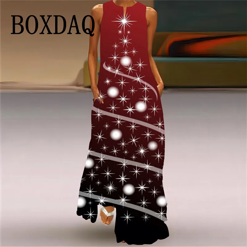 Colorful Christmas Flowers Women Dress Elegant Casual Sleeveless V-neck Pocket Long Dress Spring Summer New Christmas Party Robe