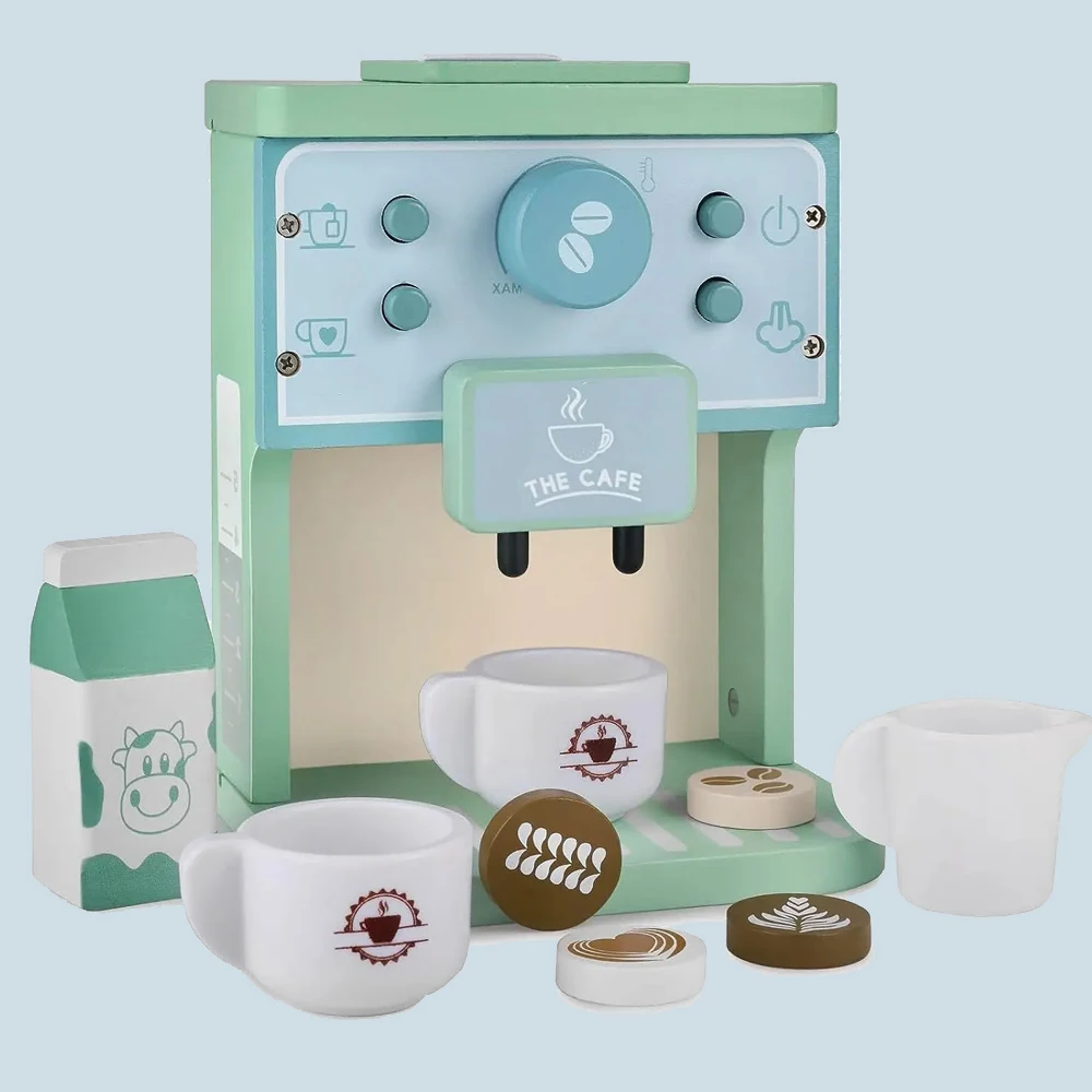 Kids Kitchen Toy Set Wooden Coffee Maker Set Simulation Cookie Maker Kit Pretend Play Educational Toys Gifts for Girls Boys