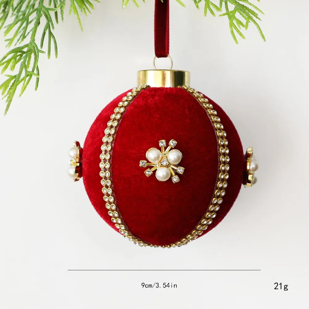 Velvet Finish Christmas Ball Ornament Rhinestone Trim Faux Pearl Accents Christmas Tree Ornament Hanging Ribbon Round Shape