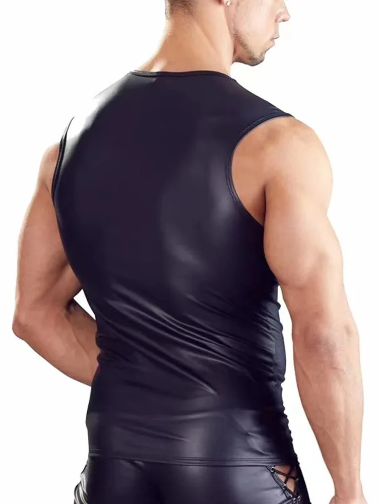 S-7XL Sleeveless Deep V-neck Lace Up Bandage Tank Top Faux PU Leather Vest Men Tanktop Bodybuilding Tights Sexy Shapers Clothing