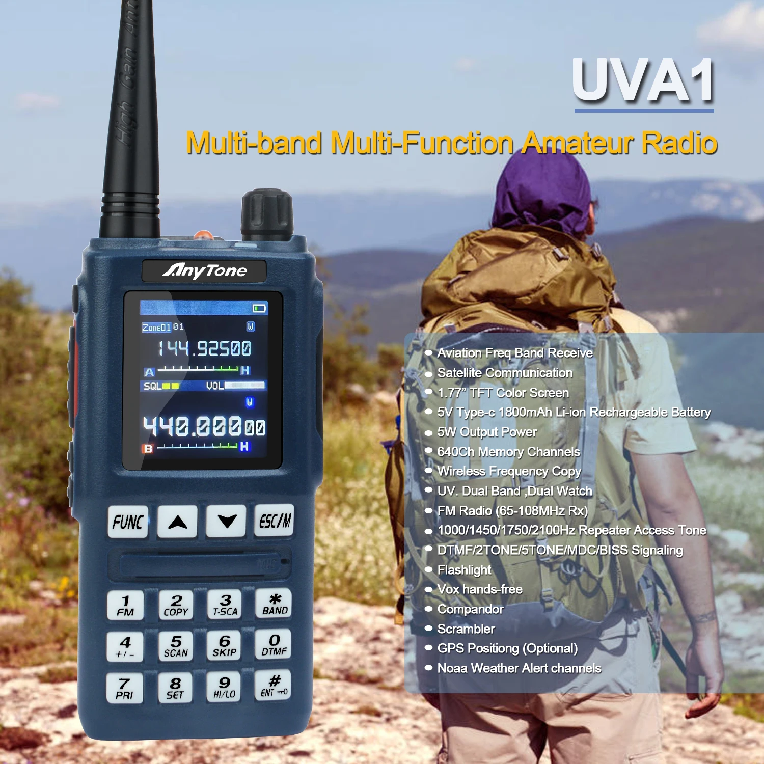 

Anytone UVA1 Multi-band Amateur Satellite Communication GPS Walkie Talkie 144-146MHz 430-440MHZ with air band receive VOX