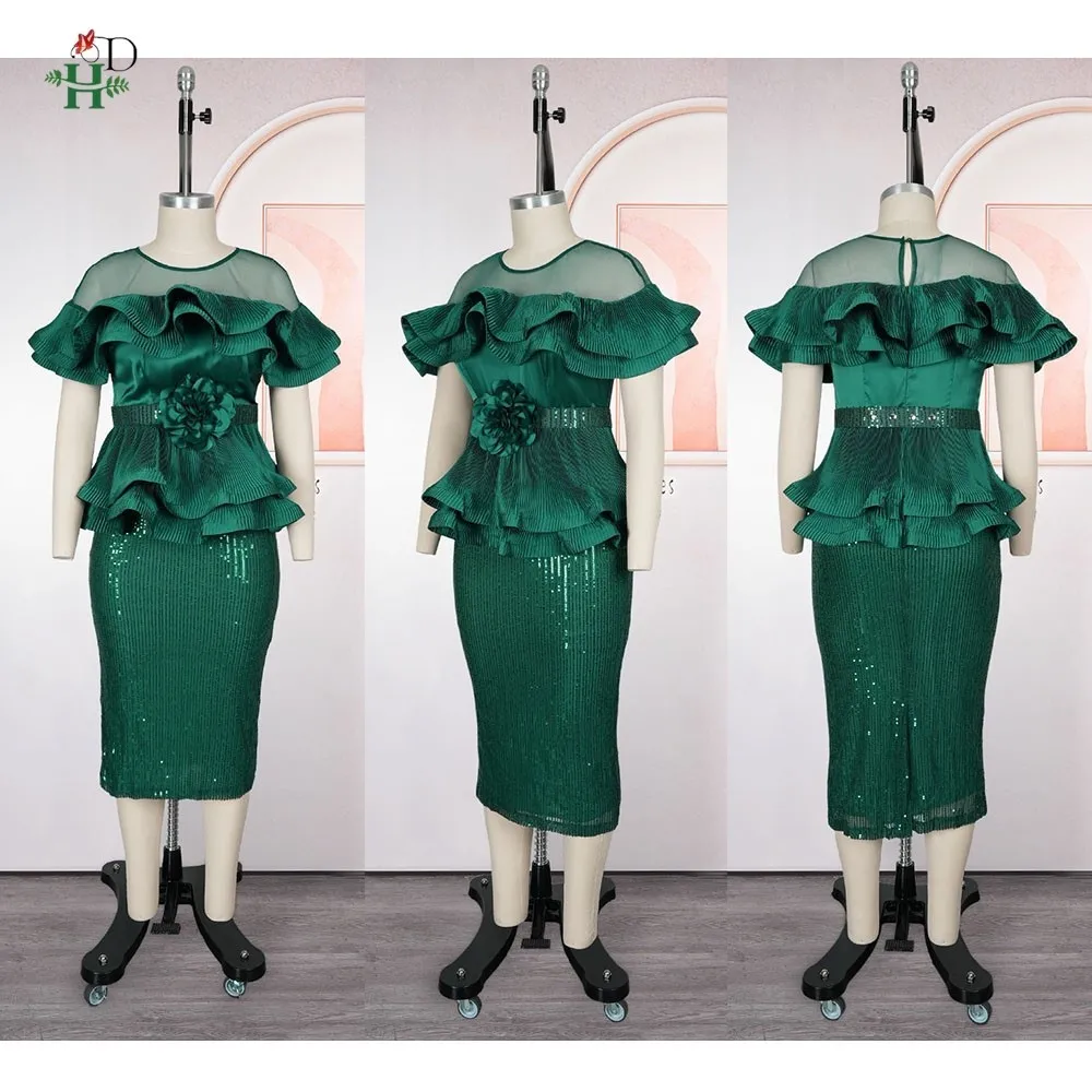 فساتين H&D الأفريقية للنساء مقاس كبير مكشكشة شفافة - بلوزة كتف مع بيبلوم متألقة بالترتر فستان حفلات الزفاف