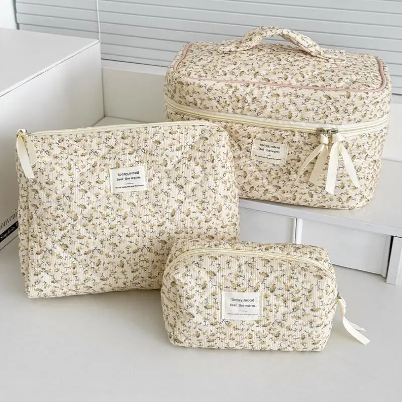 1Pcs Vintage Floral Corduroy Women Cosmetic Storage Bags Retro Travel Portable Ladies Handbags Simple Female Makeup Case Clutch