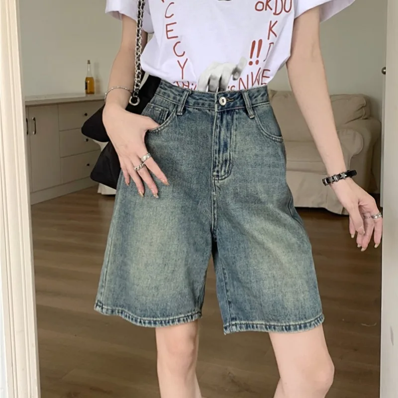 Denim Shorts Women Y2k Vintage Midi Baggy High Street Trendy Cool College Korean Style Fashion Casual Daily Summer Students Cozy