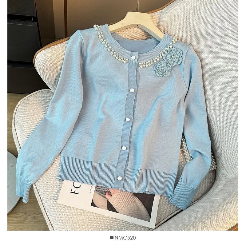 Women Sweater 2025 Spring Autumn New French Stylen Tops  Pearl Beaded Long Sleeve 3d Flower Korean Fashion Cardigan Clothing