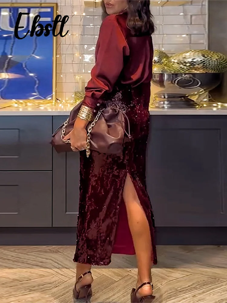 2025 Moda Cekinowa Spódnica Koszula Zestawy Kobiety Długi Rękaw Guziki Koszule Wysoka Talia Dzielone Spódnice INS Wiosna Eleganckie Stroje Damskie