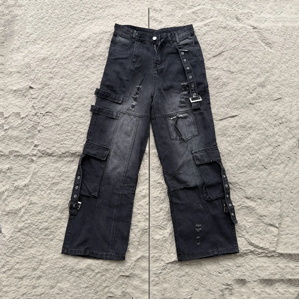 KUCLUT Fashion Niche Brand أفضل جودة بنطلون مستقيم فضفاض بسحاب ملابس الشارع الشهير جينز البضائع العتيق للرجال والنساء #3