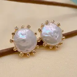 Y·YING Cultured White Coin Pearl Gold Plated Cz Pave Stud Earrings