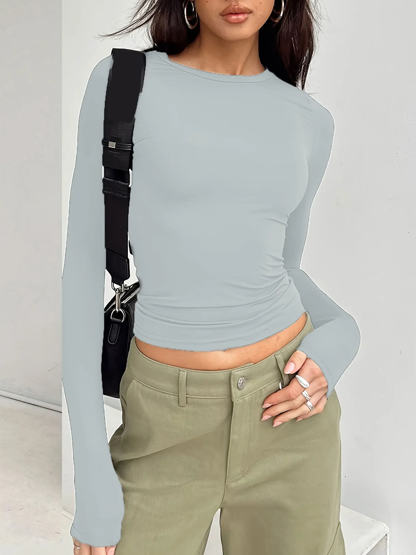 Damen-T-Shirt für Pendlerinnen, lässig, schlicht und modisch, einfarbig, mit langen Ärmeln – Detail 14
