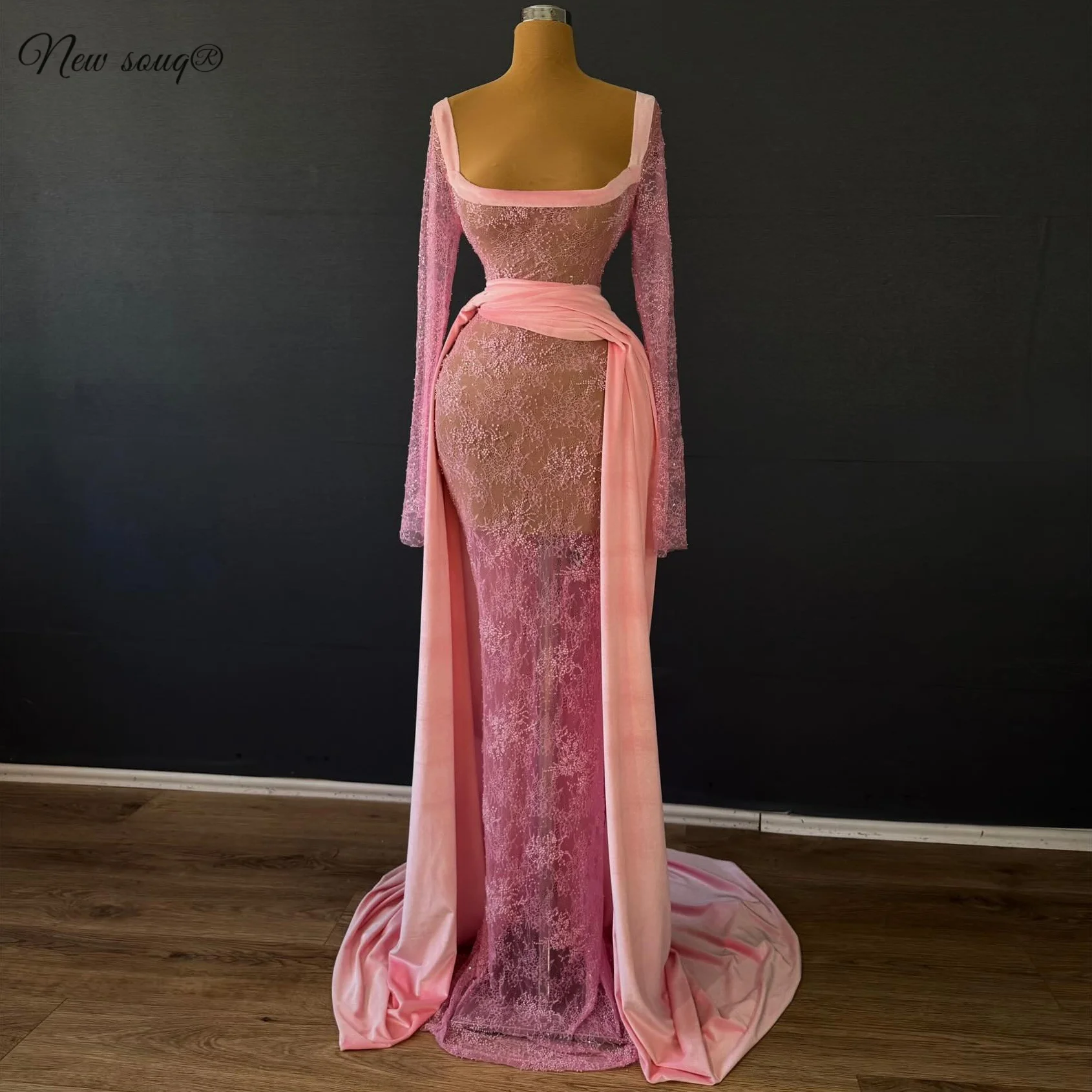 Elegant Square Neck Lace Beaded Long Sleeve Dress Pink Tulle See Through Prom Dress Fishtail Dress With Velvet Train Custom Made