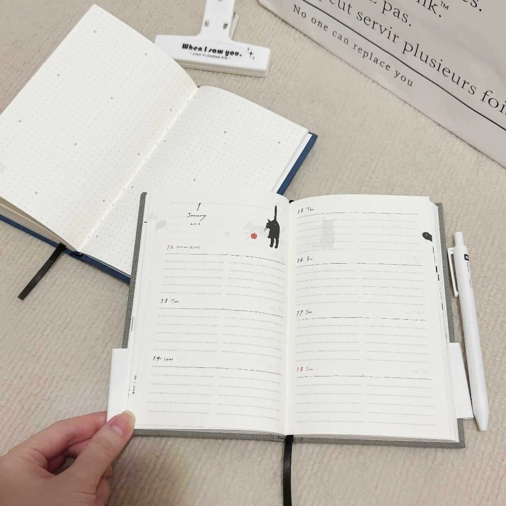 Simple Cartoon Kitten Illustration Notebook 2026 Convenient Hard Shell Schedule Book Multi Functional Color Page