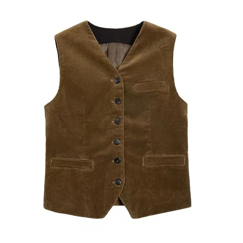 Wedding Vest for Men Coffee Corduroy V Neck Male Gentleman Business Waistcoat Single Breasted Formal Retro Tooling Waistcoat