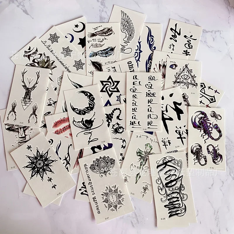 30pcs/lot Men Removable Temporary Tattoo Sticker for Hand Wrist Leg Totem Scorpion Eye Lotus Scar Small Fake Transfer Tattoos